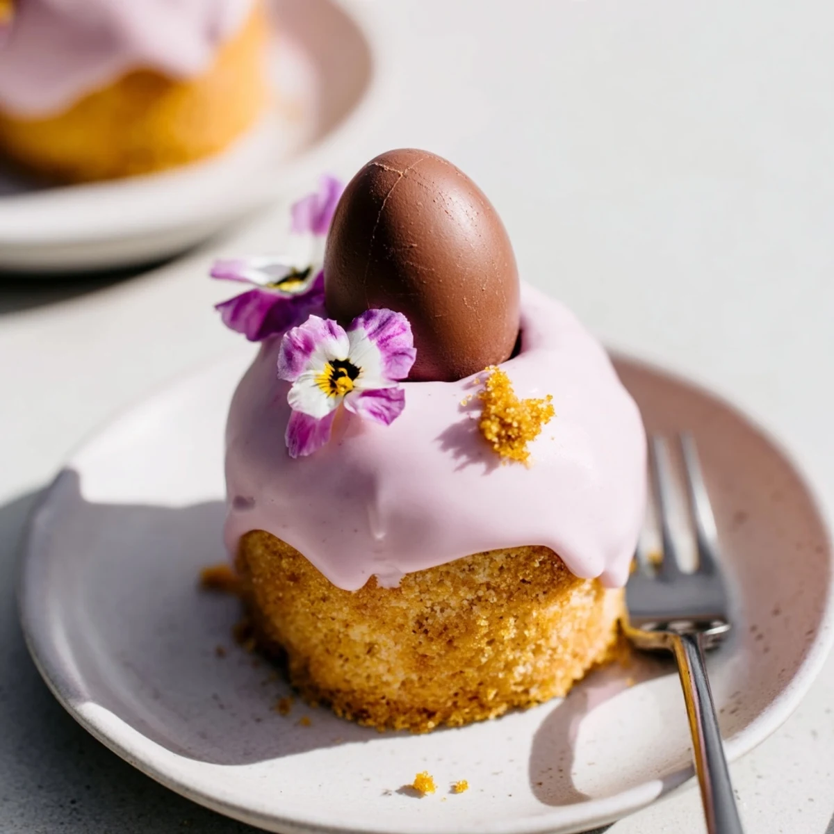 Homemade Mini Easter Cakes decorated with sweet sprinkles on a white serving plate