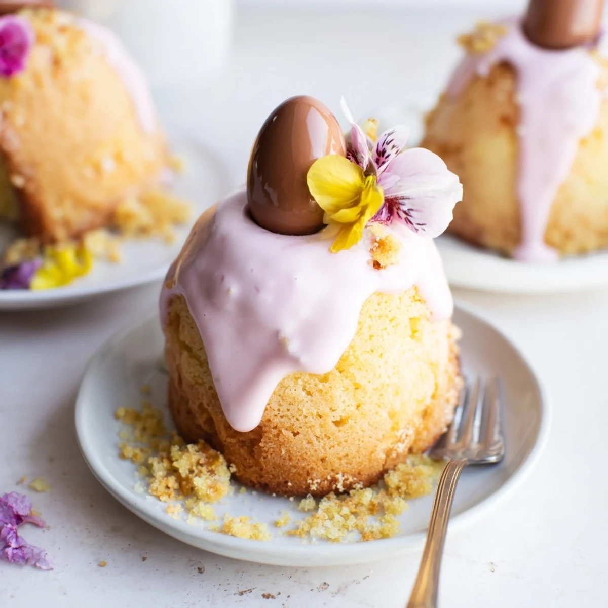 Pastel Mini Easter Cakes drizzled with colorful icing and topped with chocolate eggs