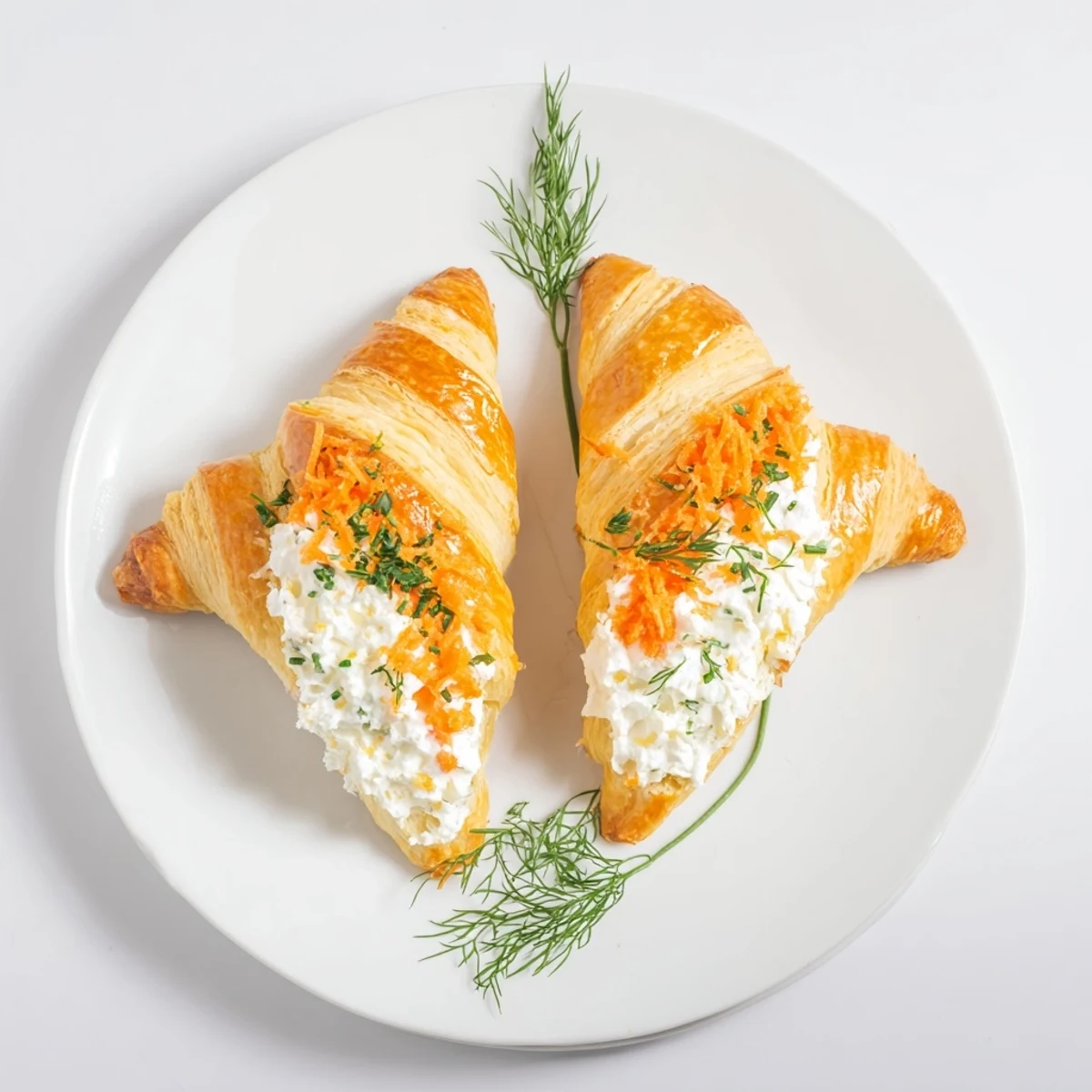 Creamy herbed cheese filled crescent roll pastry carrots arranged on white serving platter for spring