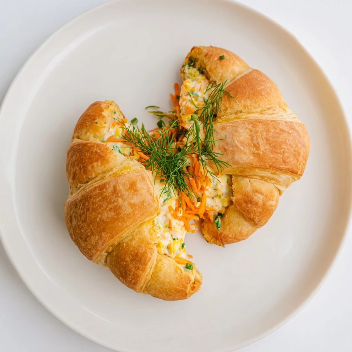 Orange baked crescent roll carrots piped with savory chive dill cream cheese filling and garnish