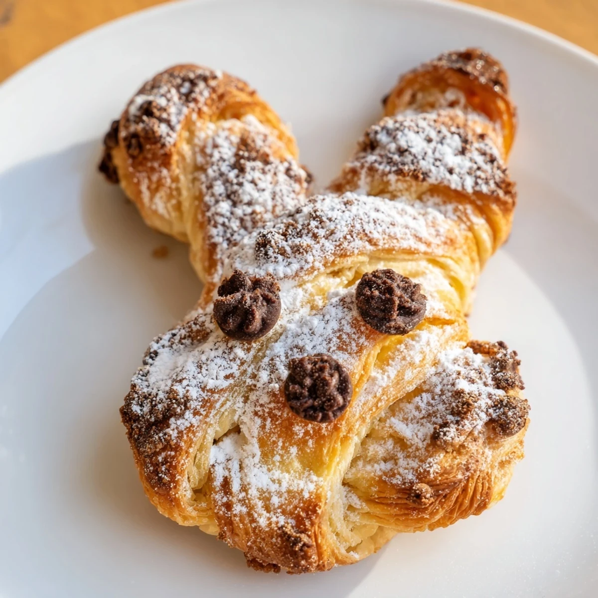 Fluffy puff pastry bunny-shaped pastries coated with sweet cinnamon sugar and powdered sugar