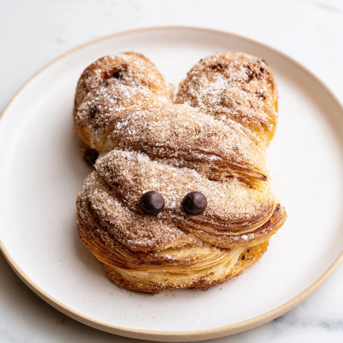 Golden brown cinnamon sugar Easter bunny twists arranged on a white serving platter