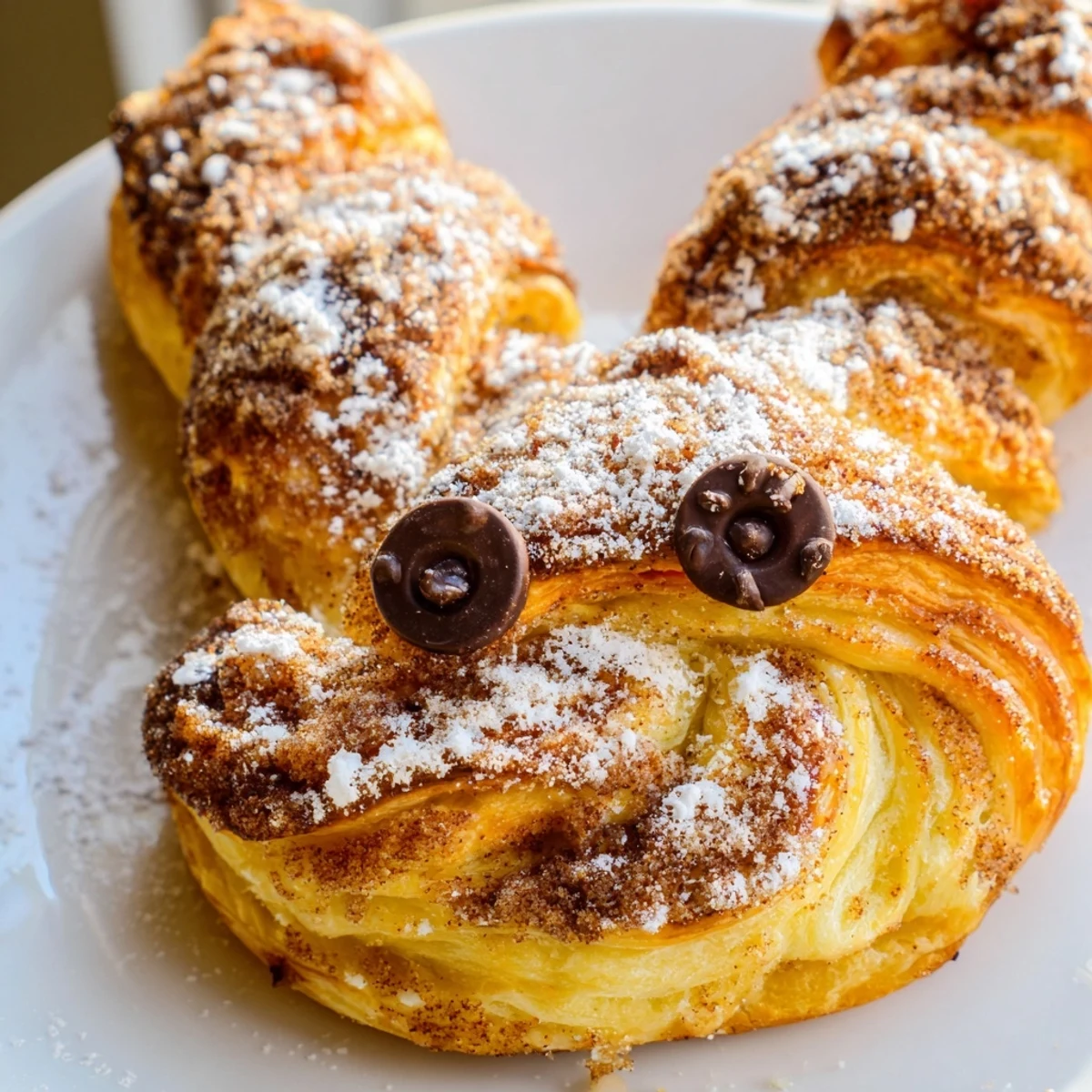 Warm baked Easter bunny twists with melted cinnamon sugar glaze on rustic wooden board