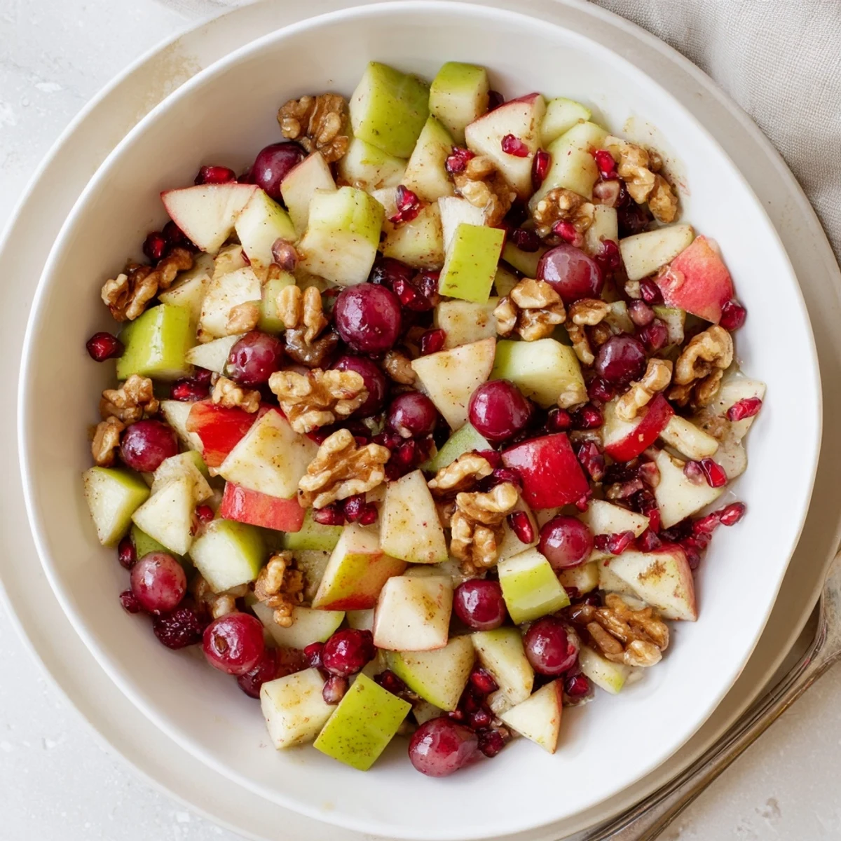 Colorful autumn fruit salad tossed with cinnamon and walnuts in a white serving bowl