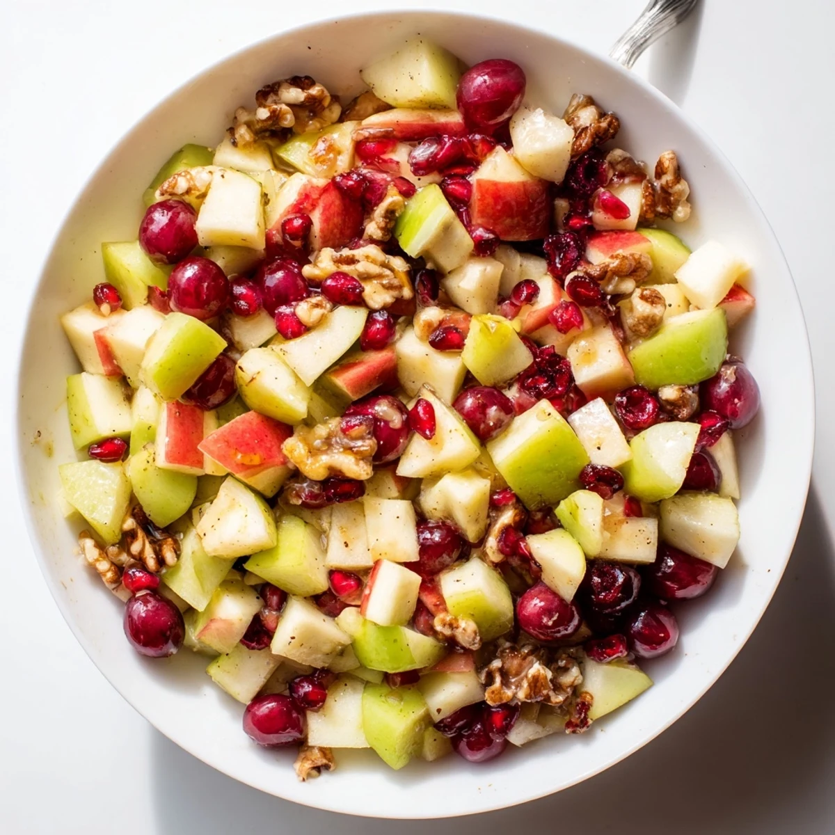 Vibrant bowl of diced apples, pears, and pomegranate arils drizzled with orange-honey dressing