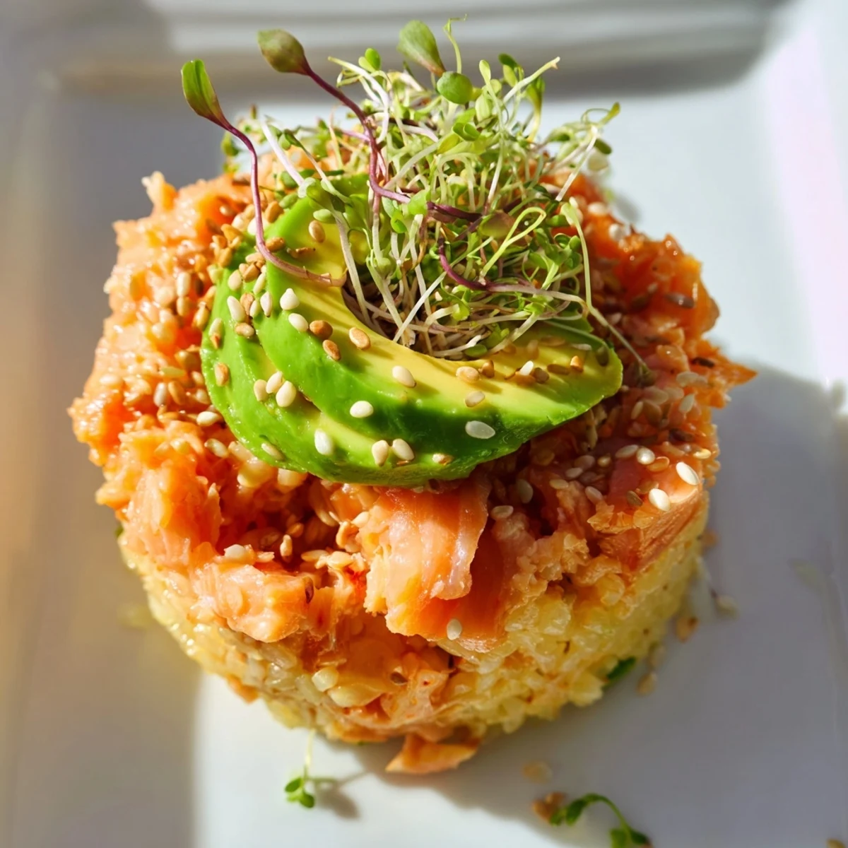 Golden pan-fried sushi rice cakes topped with spicy salmon and fresh avocado slices