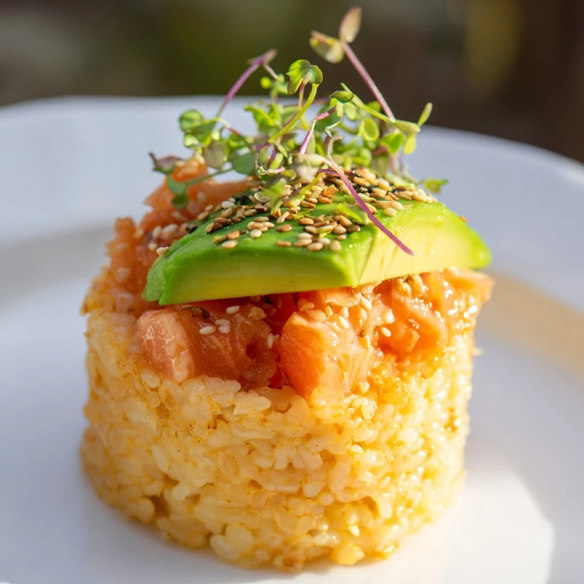 Japanese-inspired crispy salmon crispy rice appetizer garnished with sesame seeds and microgreens
