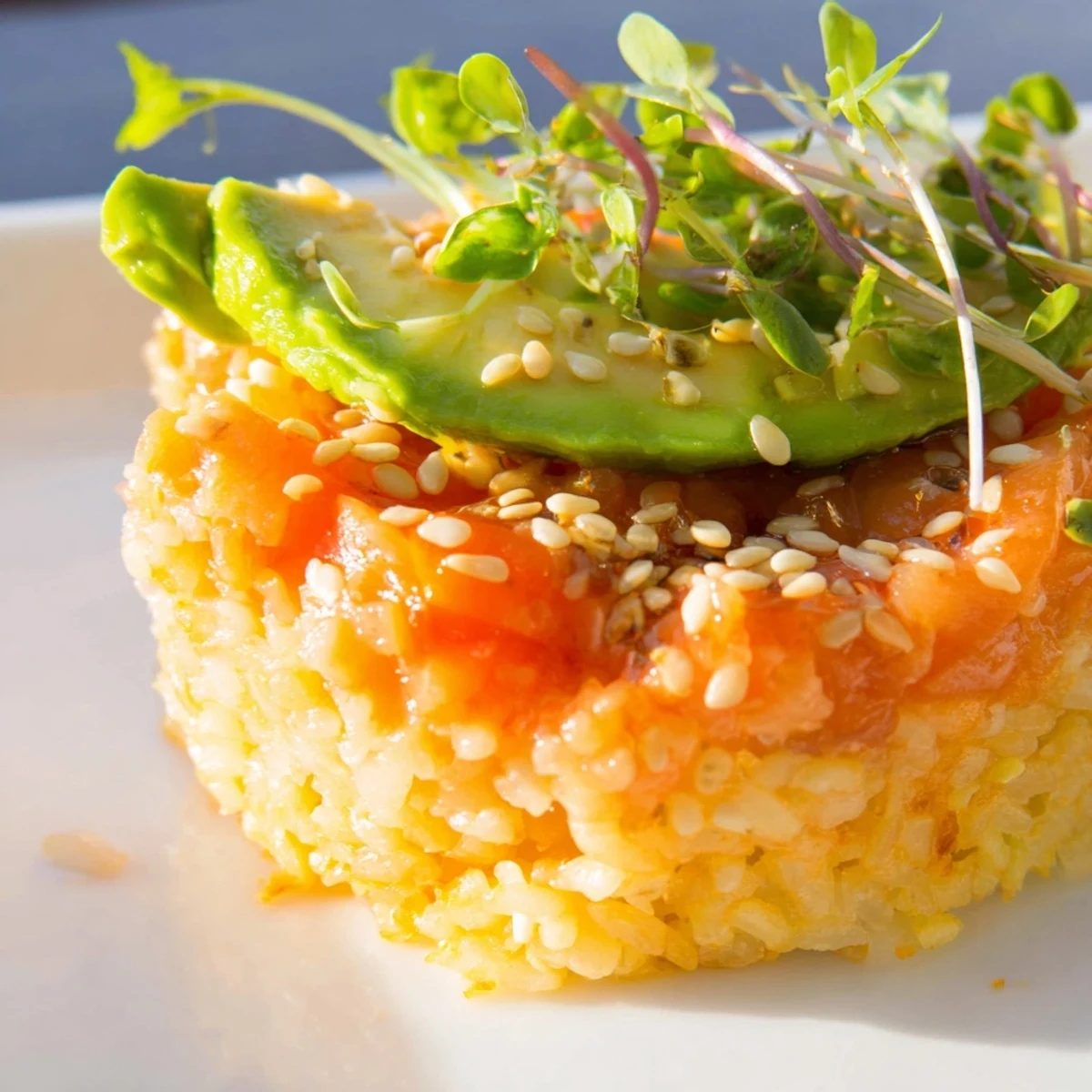 Pan-seared rectangular rice squares crowned with seasoned raw salmon and creamy avocado