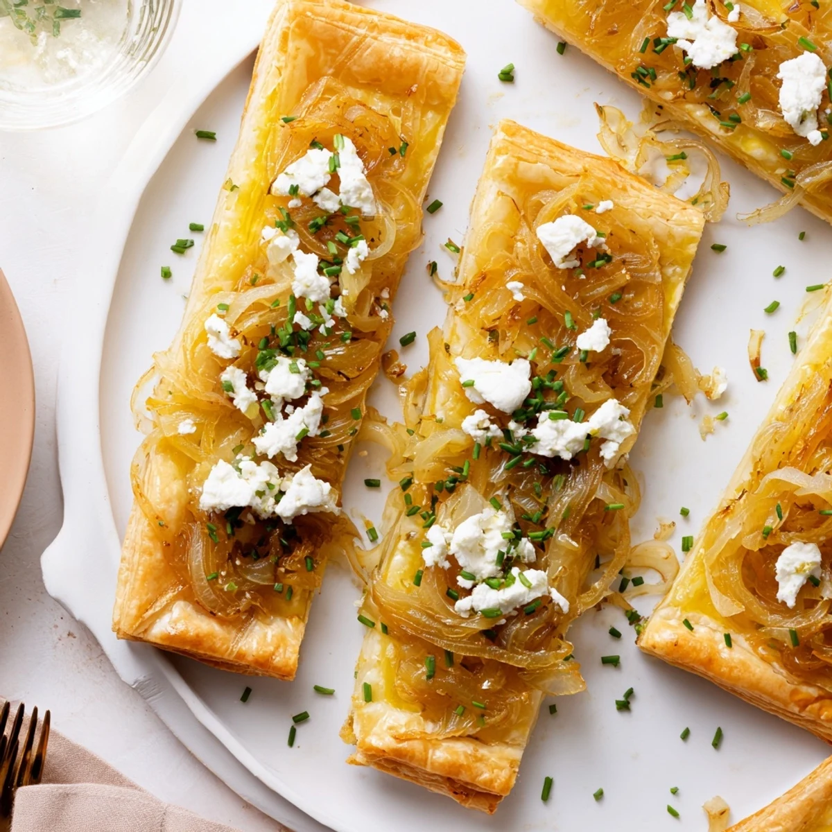 Flaky puff pastry appetizers topped with sweet onions and creamy goat cheese