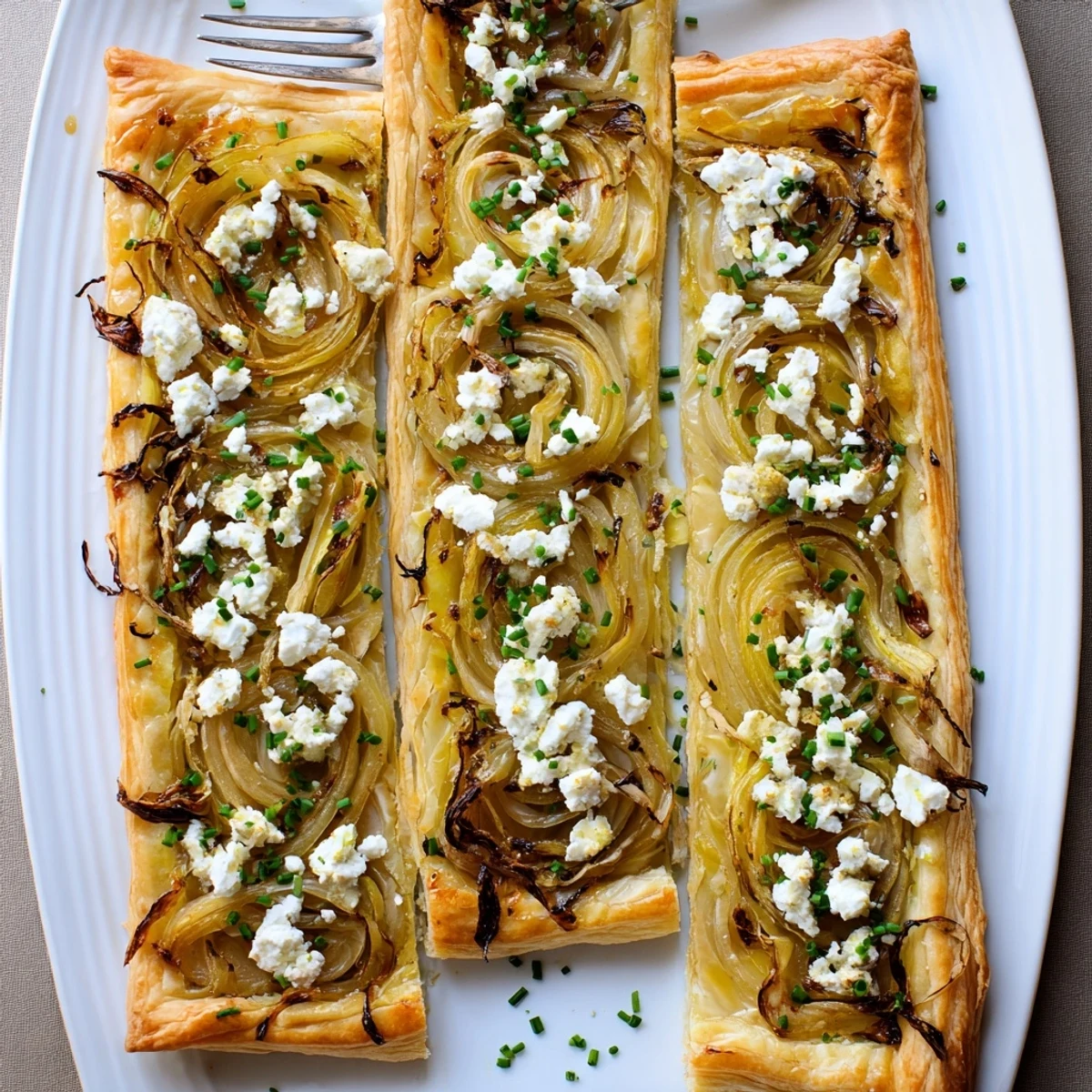 Elegant French caramelized onion and goat cheese tarts garnished with fresh chives