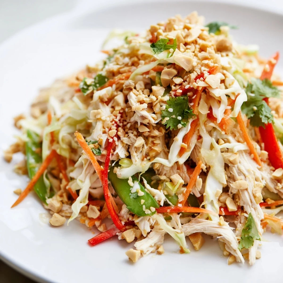 Colorful no cook Asian chicken salad with crisp vegetables and zesty sesame-ginger dressing in a white bowl.