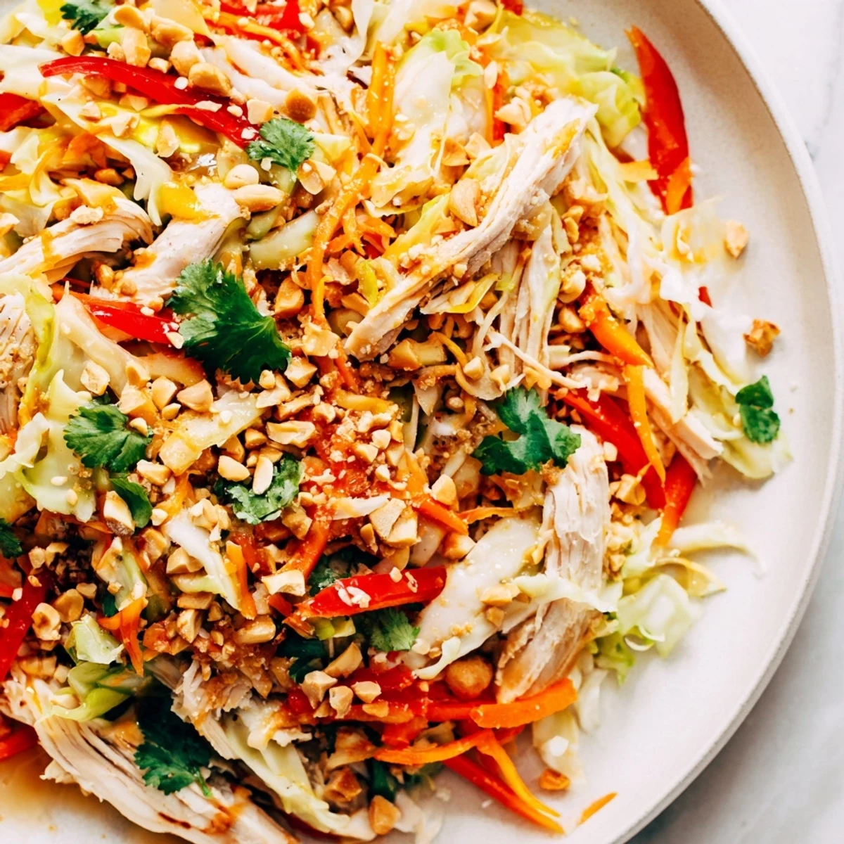 Fresh shredded chicken tossed with crunchy cabbage, peppers, and snap peas drizzled with tangy honey lime dressing.