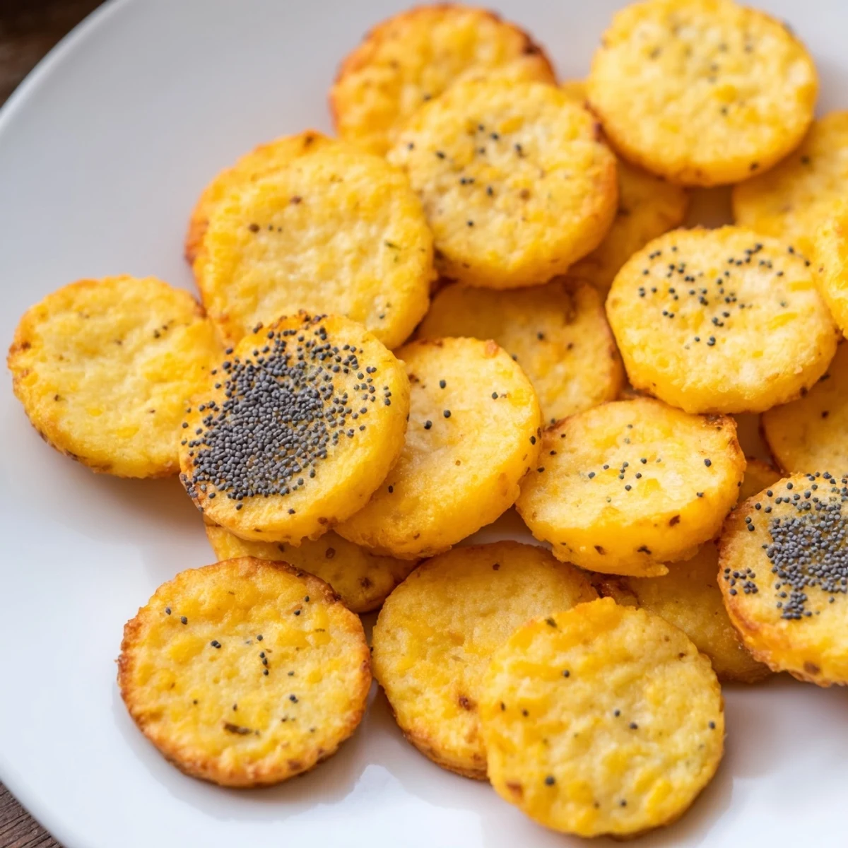 Golden cheddar cheese coins arranged on a white serving platter, perfect for parties