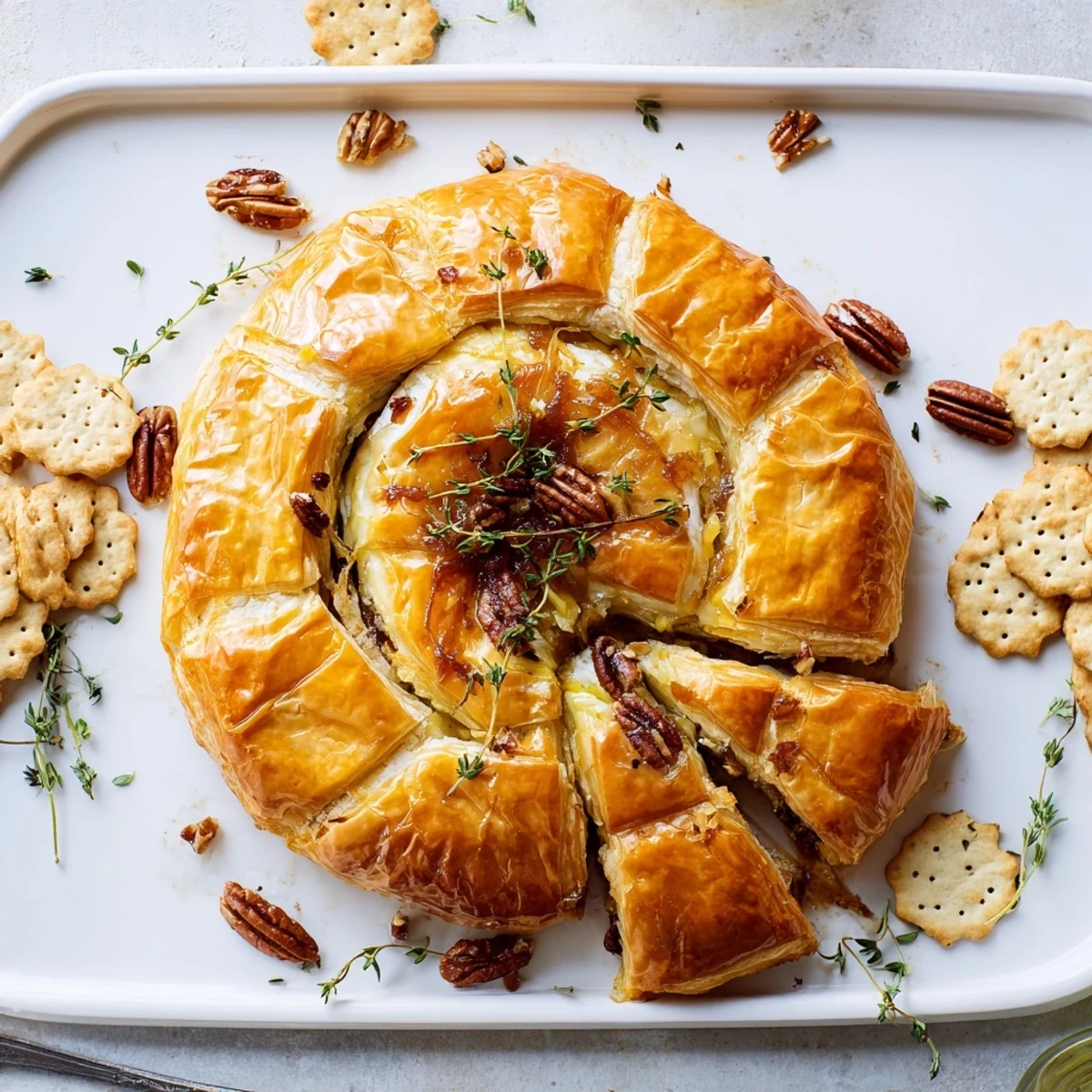 Warm gooey brie cheese melts inside buttery pastry crust with fig preserves and toasted pecans