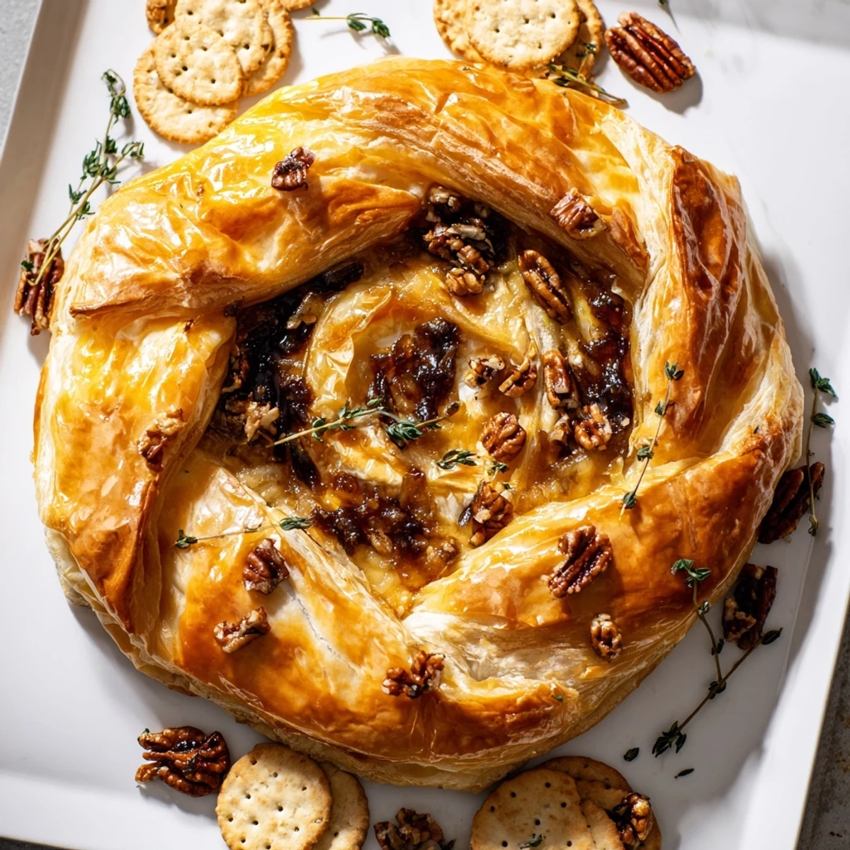 Golden baked brie wrapped in flaky puff pastry topped with sweet fig jam and fresh thyme