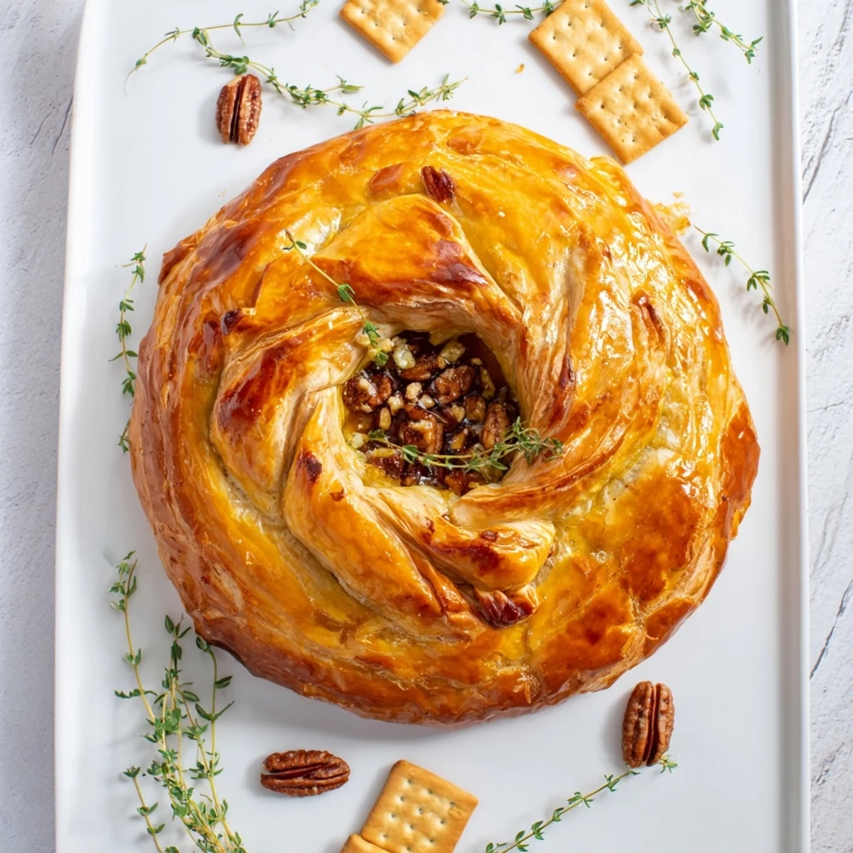 Creamy baked brie appetizer with fig jam served on wooden board with crackers and baguette slices