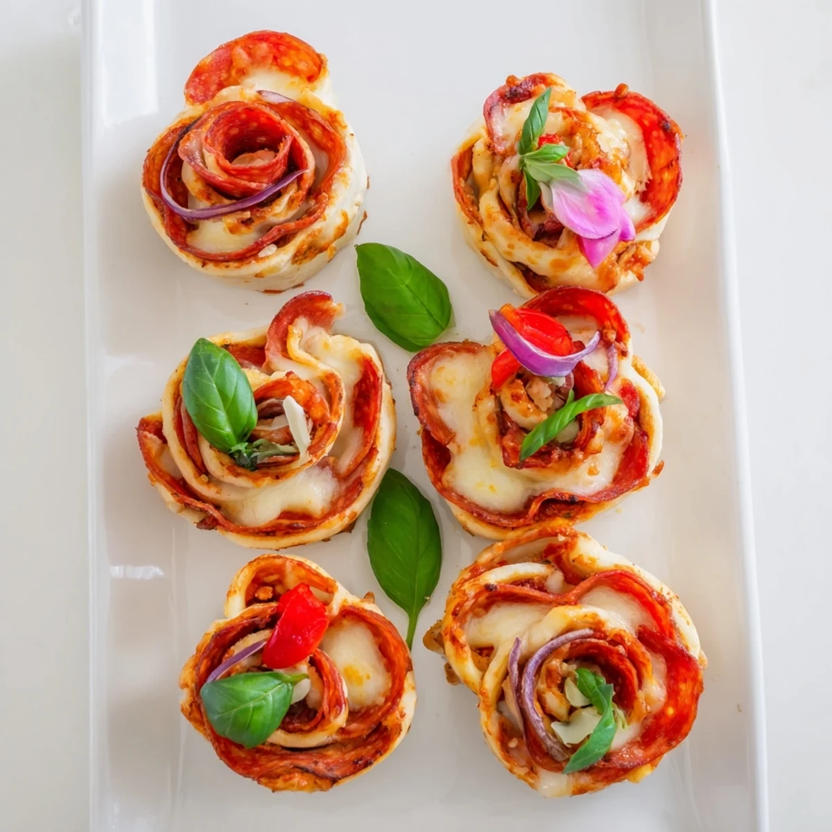 Golden easy pizza roses baked in a muffin tin with melted mozzarella and pepperoni