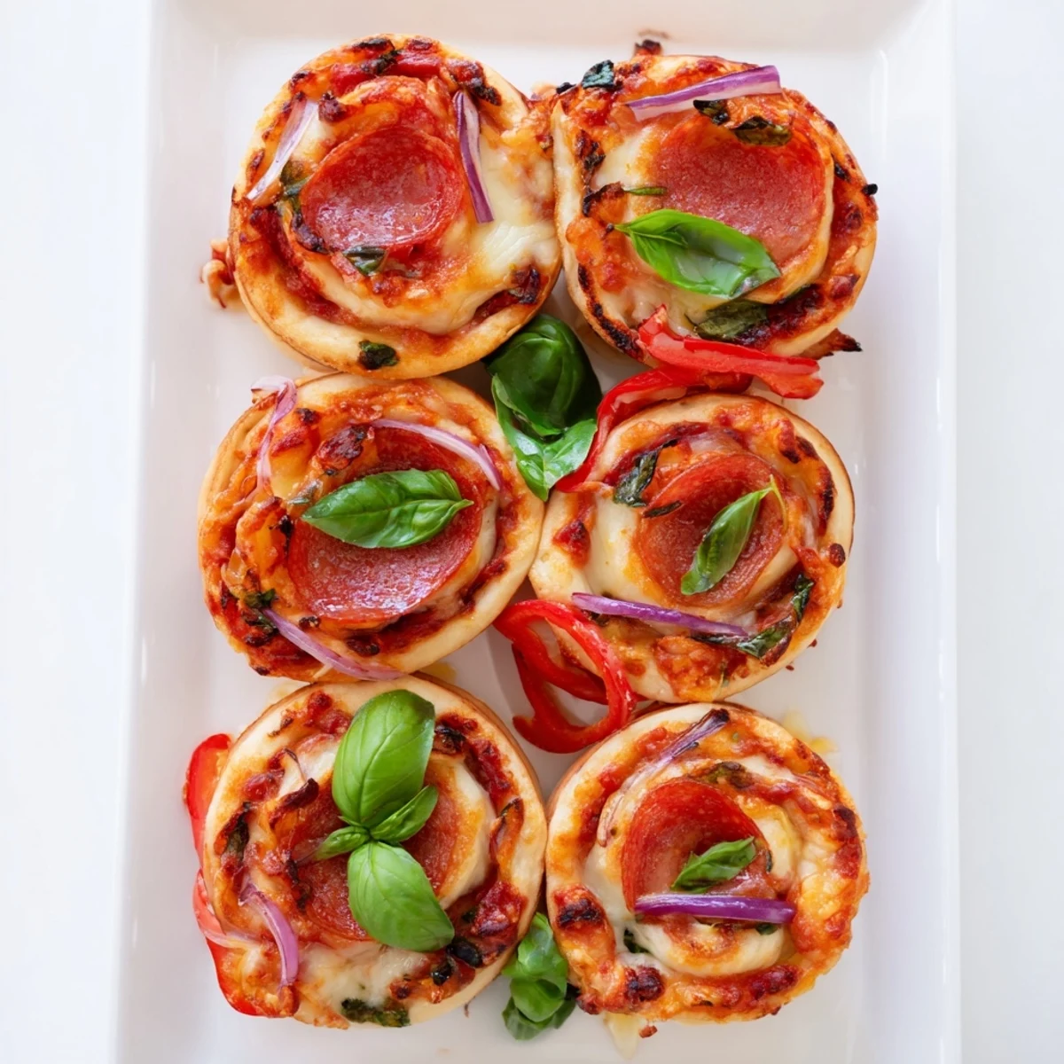 Close-up of easy pizza roses with red bell pepper and bubbling cheese layers