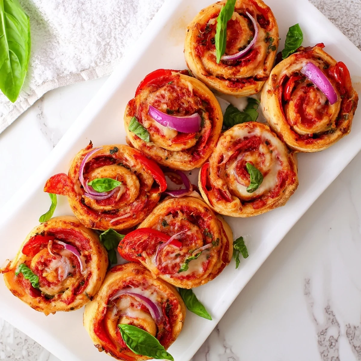 Flower-shaped easy pizza roses arranged on a serving platter with fresh basil garnish