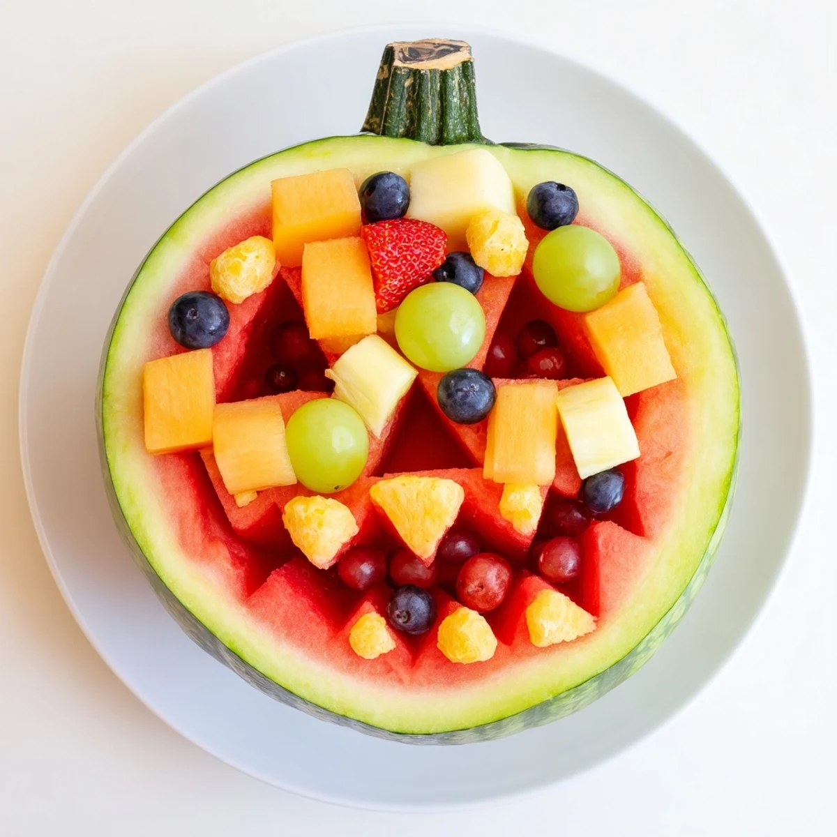Watermelon Jack O Lantern fruit salad displayed in a carved festive orange Halloween bowl