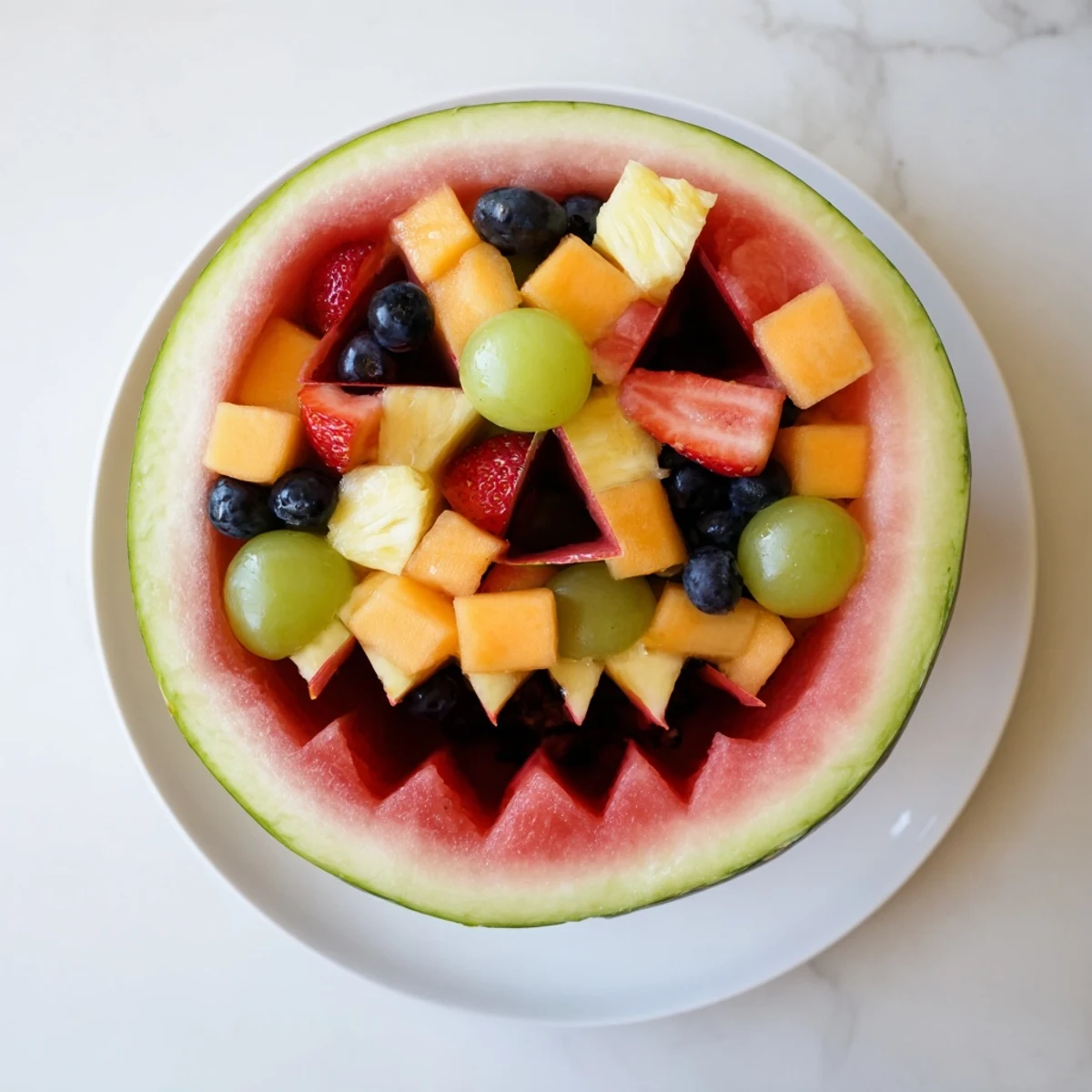 Vibrant melon berry mix nestled inside a hand-carved watermelon Jack O Lantern for Halloween parties