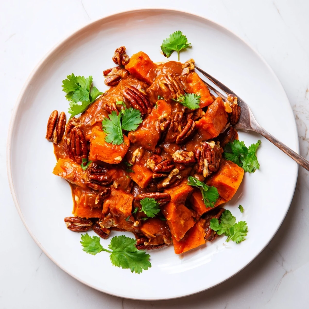 Golden braised sweet potatoes topped with spicy roasted piri piri pecans and fresh herbs
