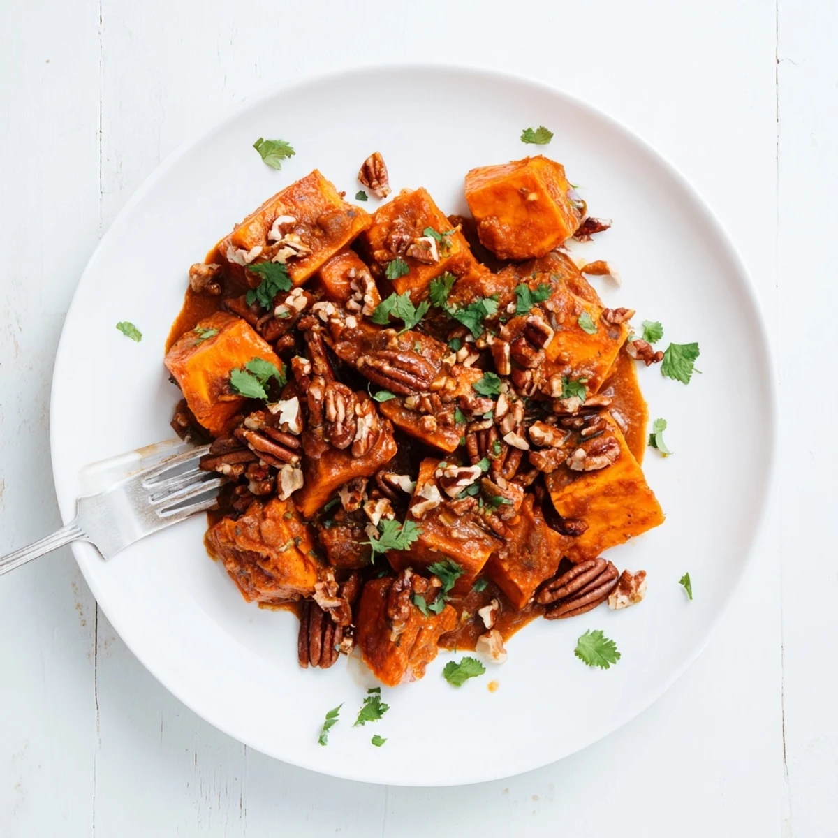 Oven-braised sweet potatoes with caramelized edges and zesty piri piri seasoned pecans sprinkled on top