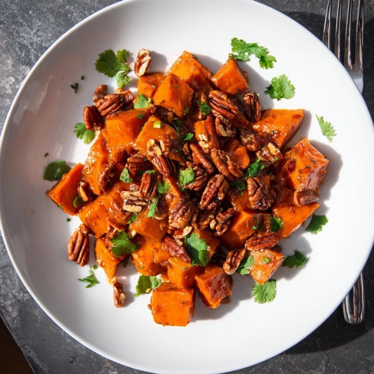 Tender glazed sweet potato chunks simmered in savory broth with crunchy spiced pecan topping