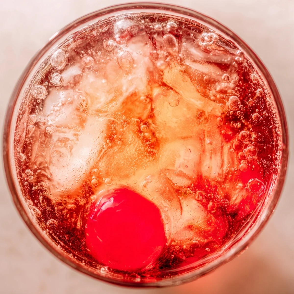 Classic Easy Shirley Temple Drink in a clear glass with fizzy carbonation, orange slice garnish, and cherry resting on the rim