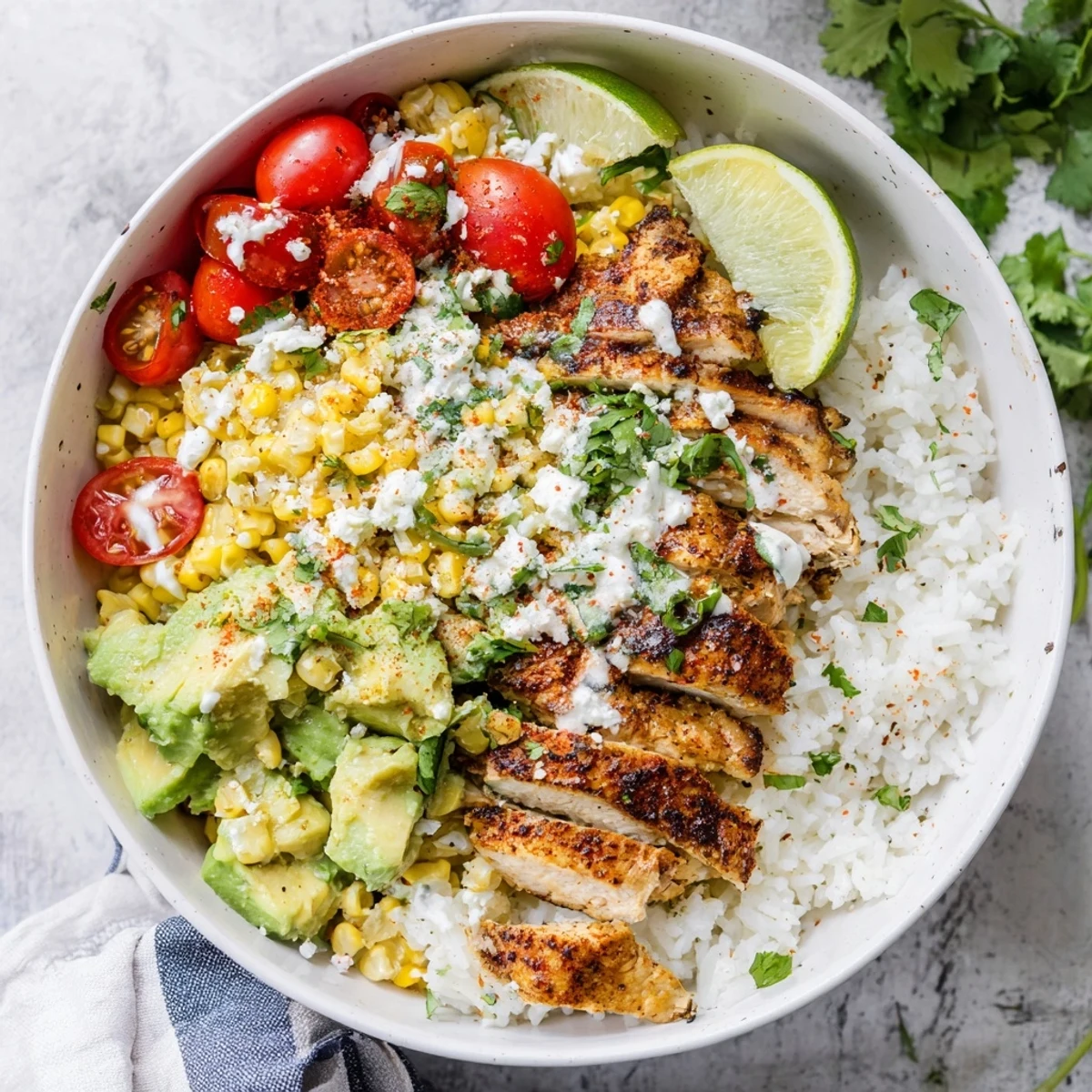 Golden street corn chicken and rice bowls topped with creamy cotija and fresh avocado slices