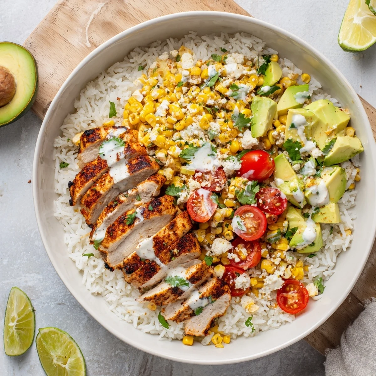 Vibrant street corn chicken and rice bowls featuring spiced chicken, creamy corn, and zesty lime