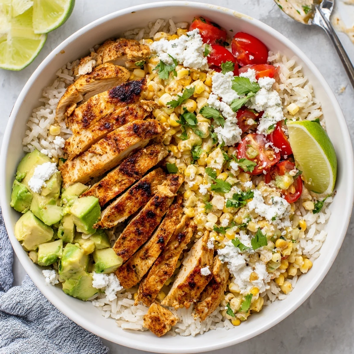 Flavorful Mexican-inspired street corn chicken and rice bowls with juicy grilled meat and charred corn