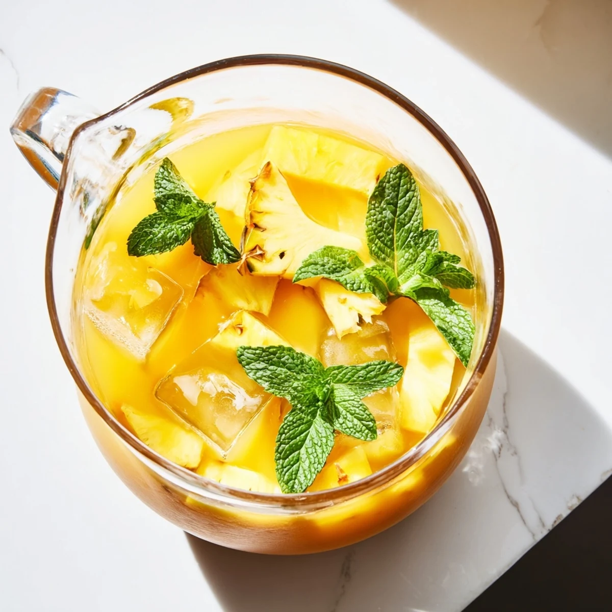 Golden pineapple peach agua fresca served in a glass pitcher with fresh mint garnish and ice cubes