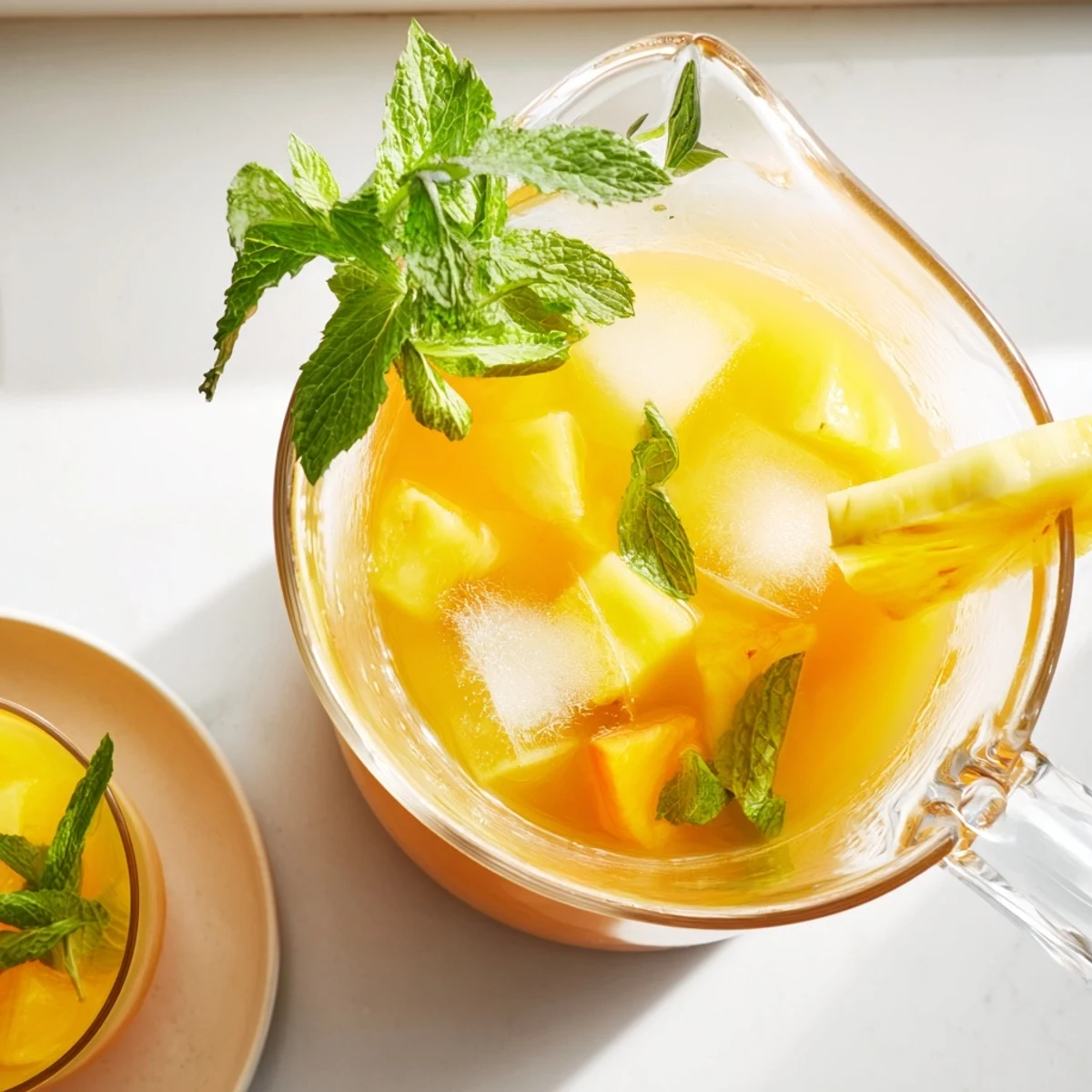 Tropical blended pineapple peach agua fresca displaying vibrant orange yellow hue in clear glass with mint sprig