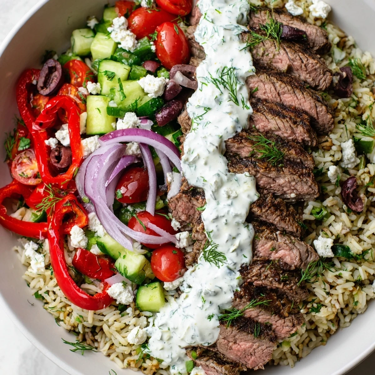 Colorful Mediterranean steak bowl featuring grilled sliced steak over herbed rice with fresh vegetables