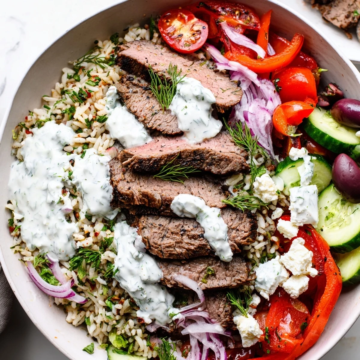 Vibrant Mediterranean steak bowl with marinated grilled steak served over aromatic herbed rice