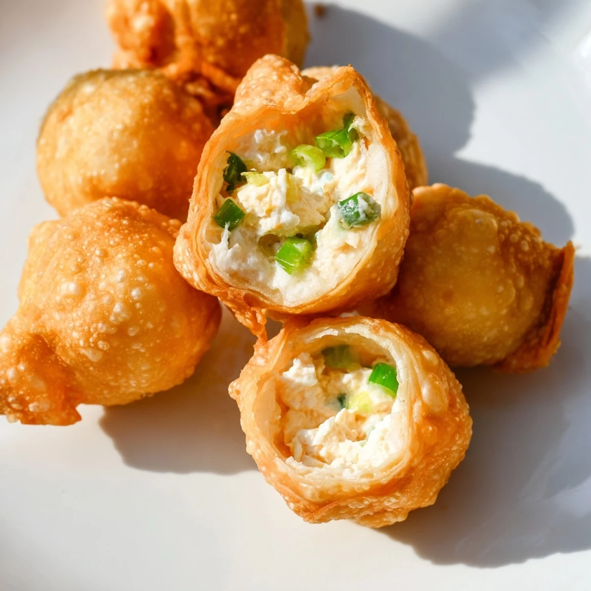 Basket of crispy Crab Rangoon Bombs garnished with fresh chives for party appetizer platter