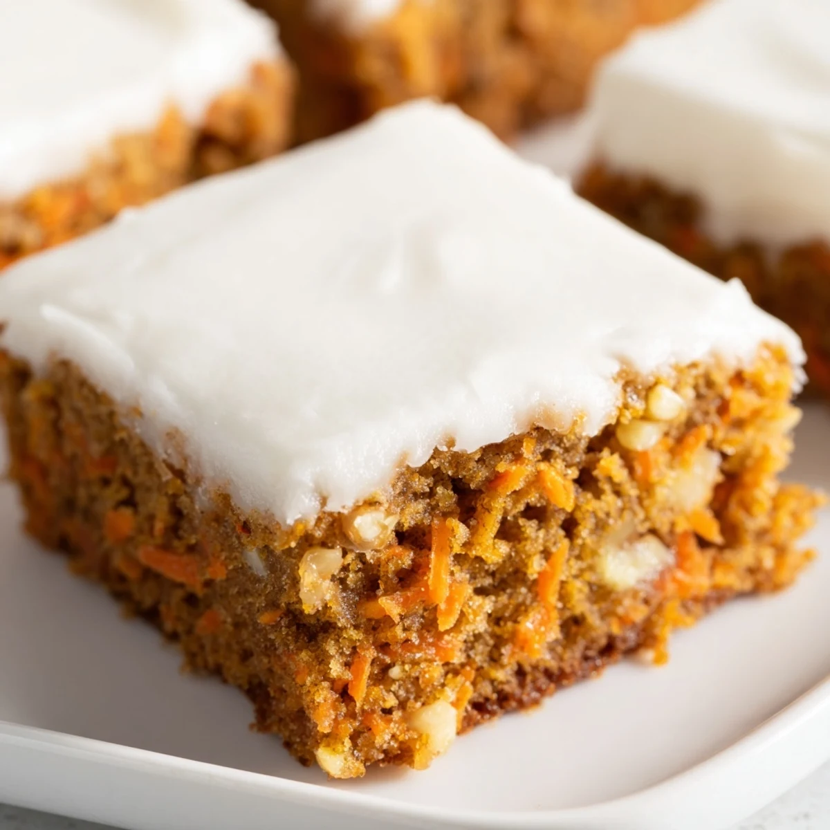Homemade carrot cake bars cut into squares displaying creamy frosting topping spiced cake with chopped nuts