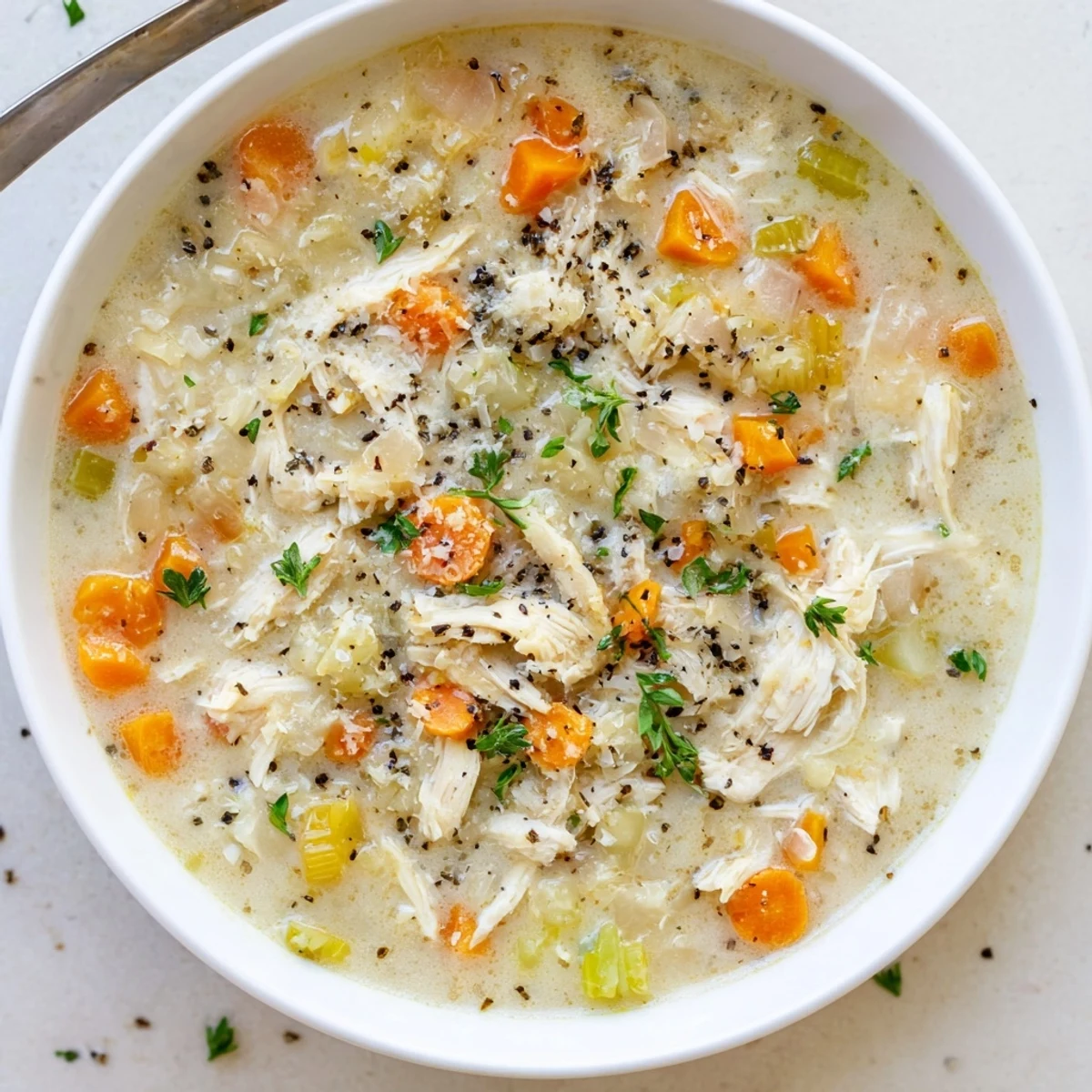 Creamy garlic Parmesan chicken soup served in white bowl with fresh parsley garnish and crusty bread