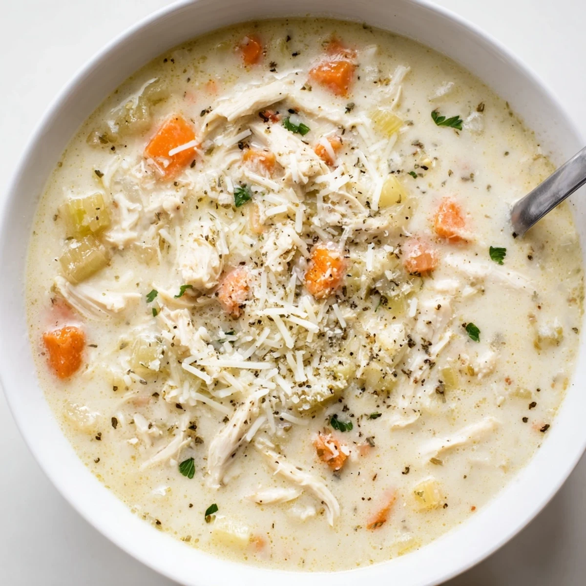 Steaming bowl of garlic Parmesan chicken soup loaded with tender chicken pieces and grated cheese topping