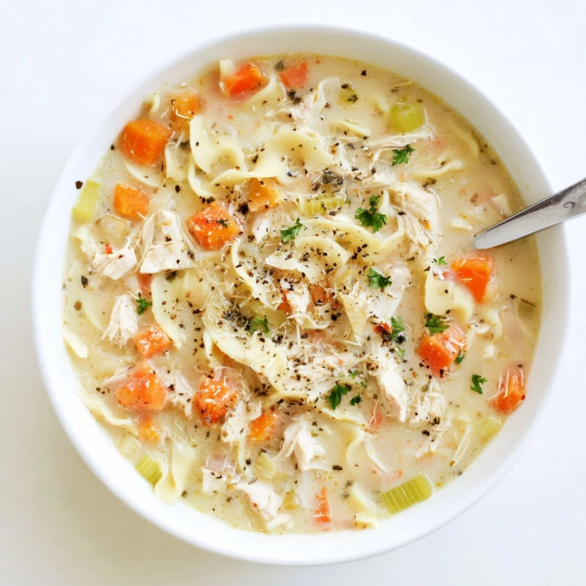 Rich garlic Parmesan chicken soup in rustic bowl showing golden broth with shredded chicken and vegetable chunks