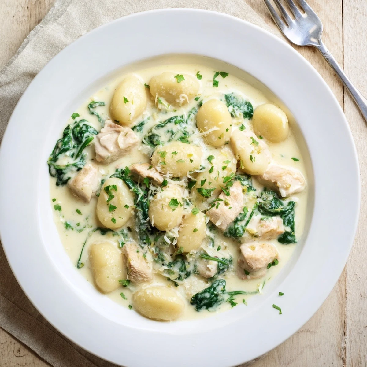 Golden chicken pieces and fluffy gnocchi swimming in a rich lemon Parmesan cream sauce with wilted spinach