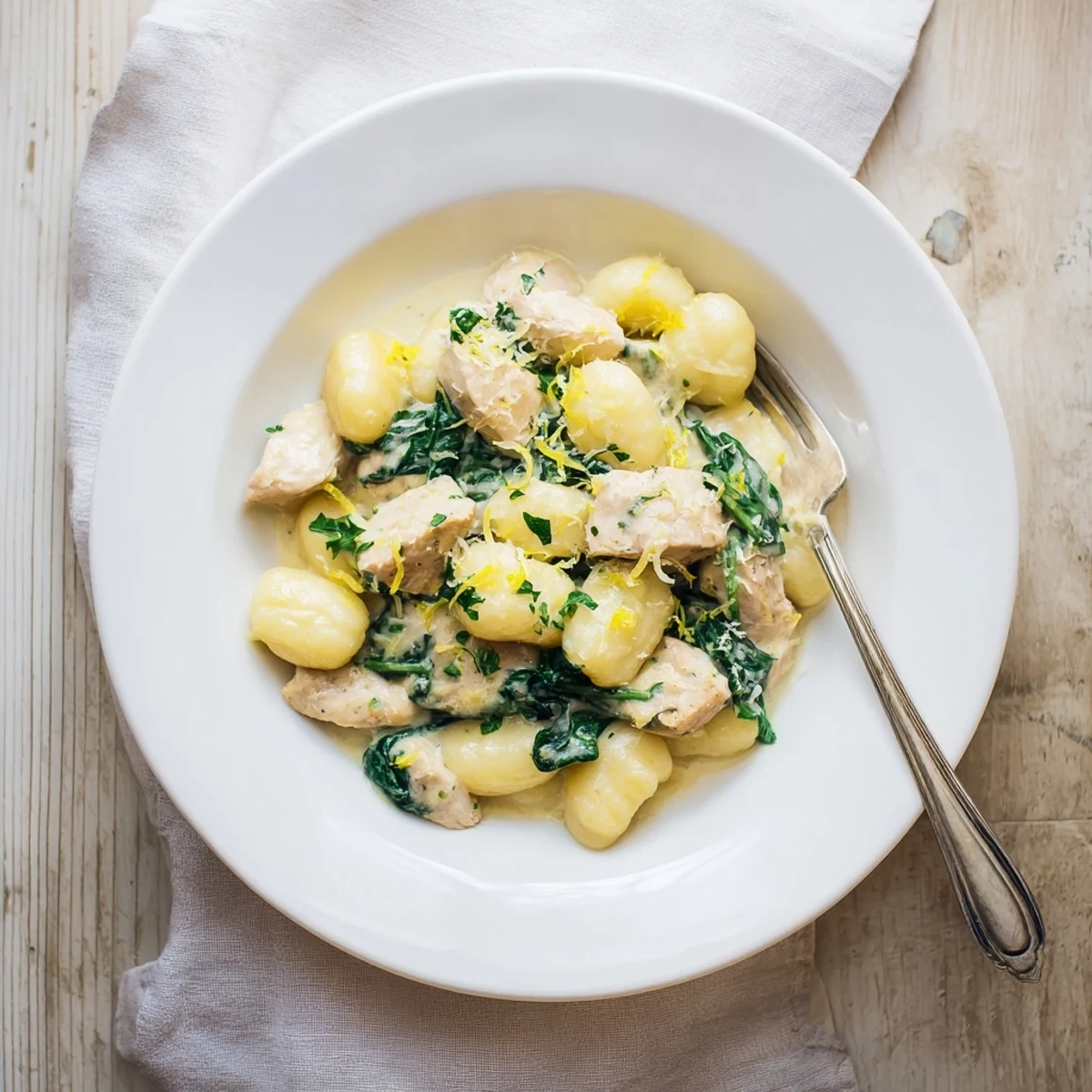 Creamy lemon chicken gnocchi skillet featuring tender poultry and pillowy pasta in a bright luscious sauce