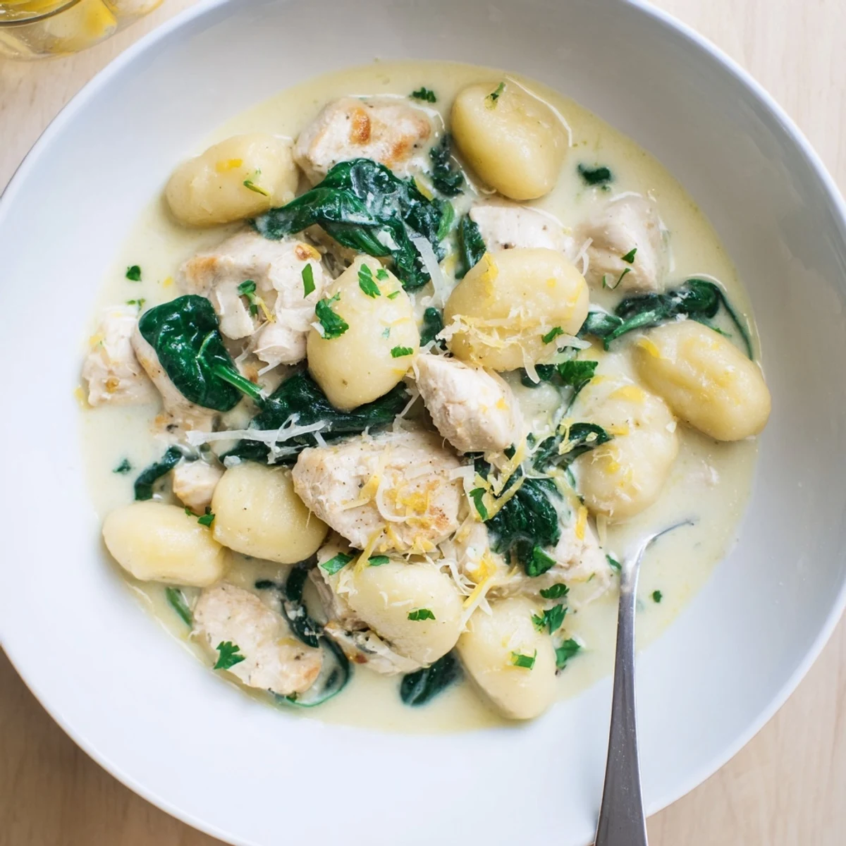 One-pan creamy lemon chicken gnocchi plated with fresh spinach garnish and grated Parmesan cheese on top
