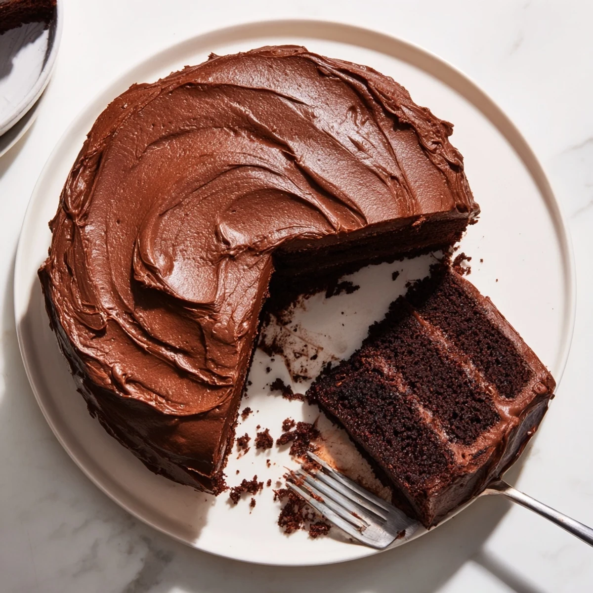 Moist chocolate cake layered with silky frosting and topped with chocolate shavings on a white plate