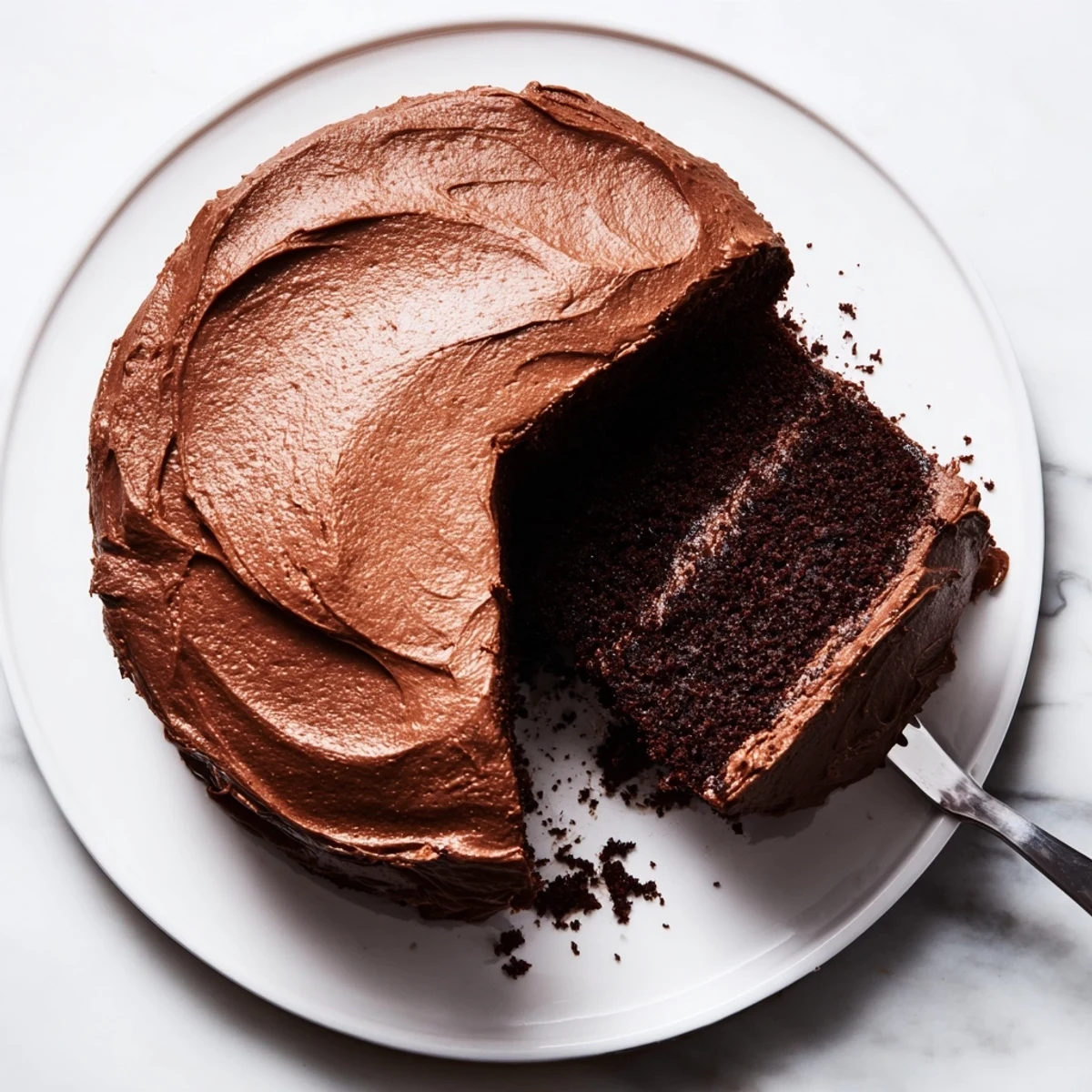 Rich layered chocolate cake with creamy buttercream frosting, dusted with cocoa powder on a rustic wooden board