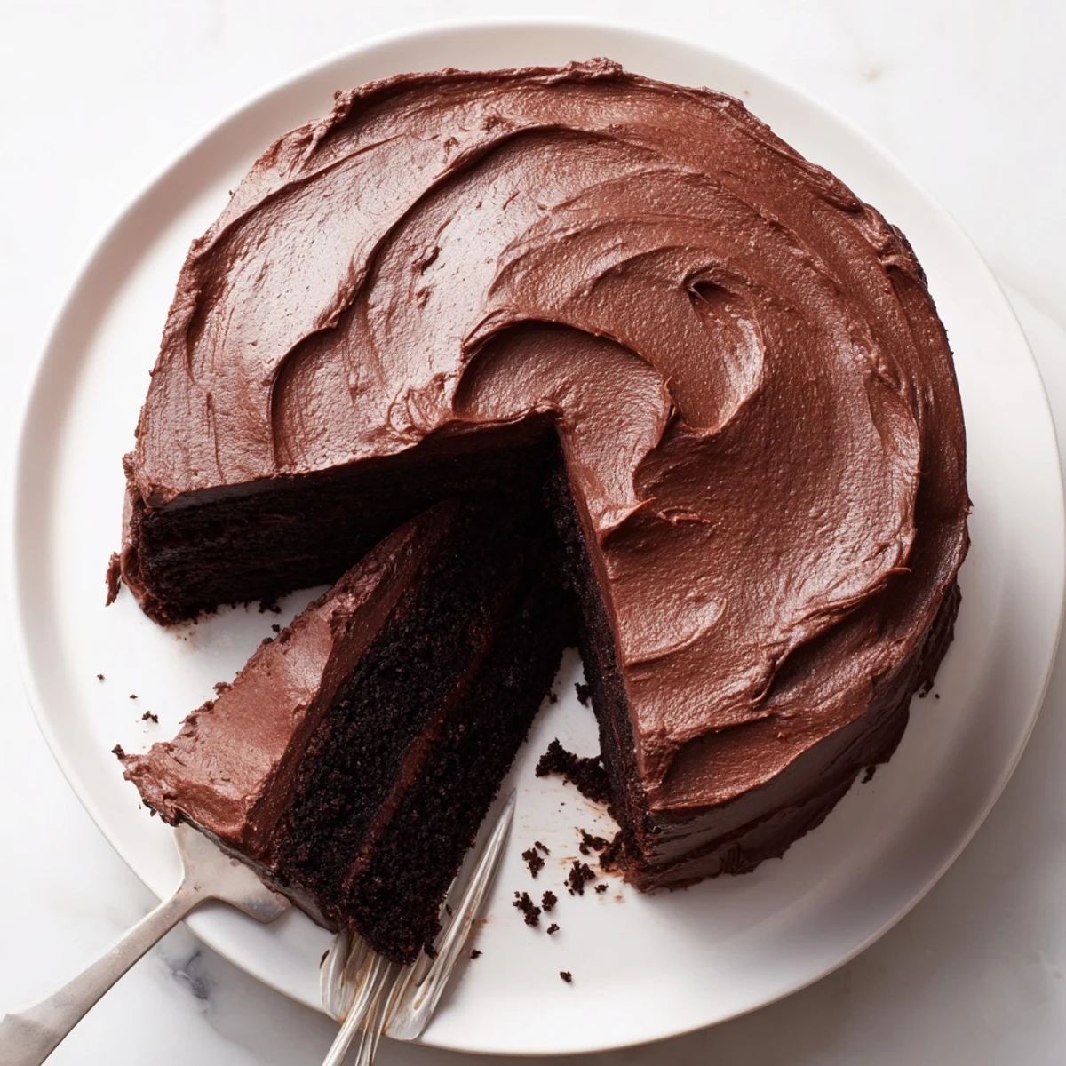 Decadent frosted chocolate cake slice revealing tender crumb, served with fresh berries for a sweet dessert