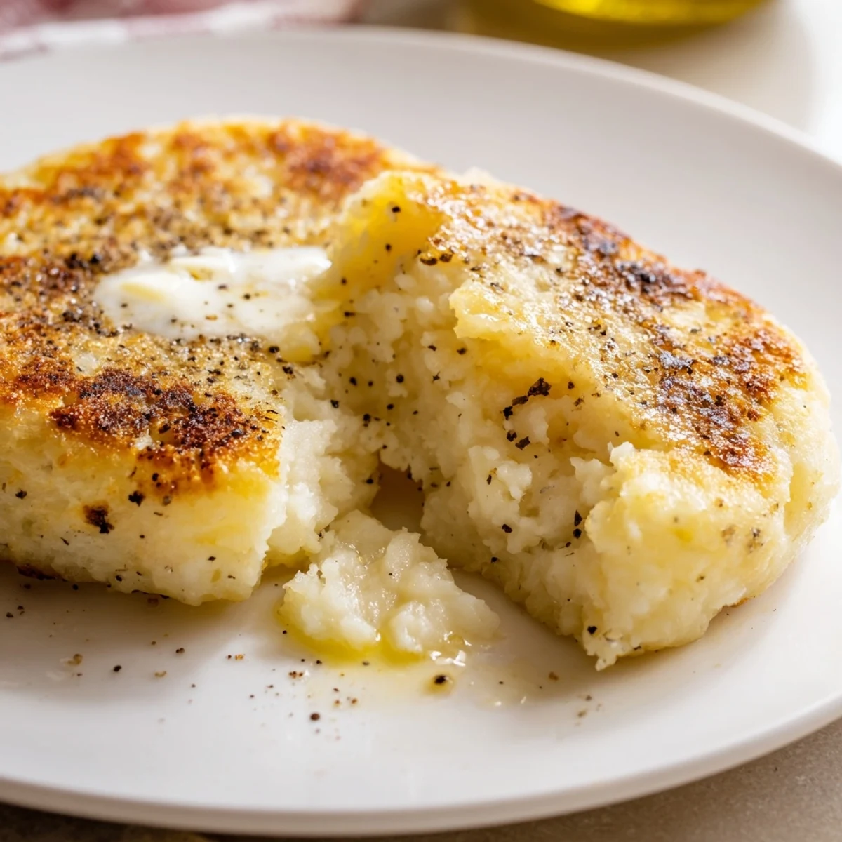 Traditional Irish potato cakes stacked on a wooden serving board with fresh scallions