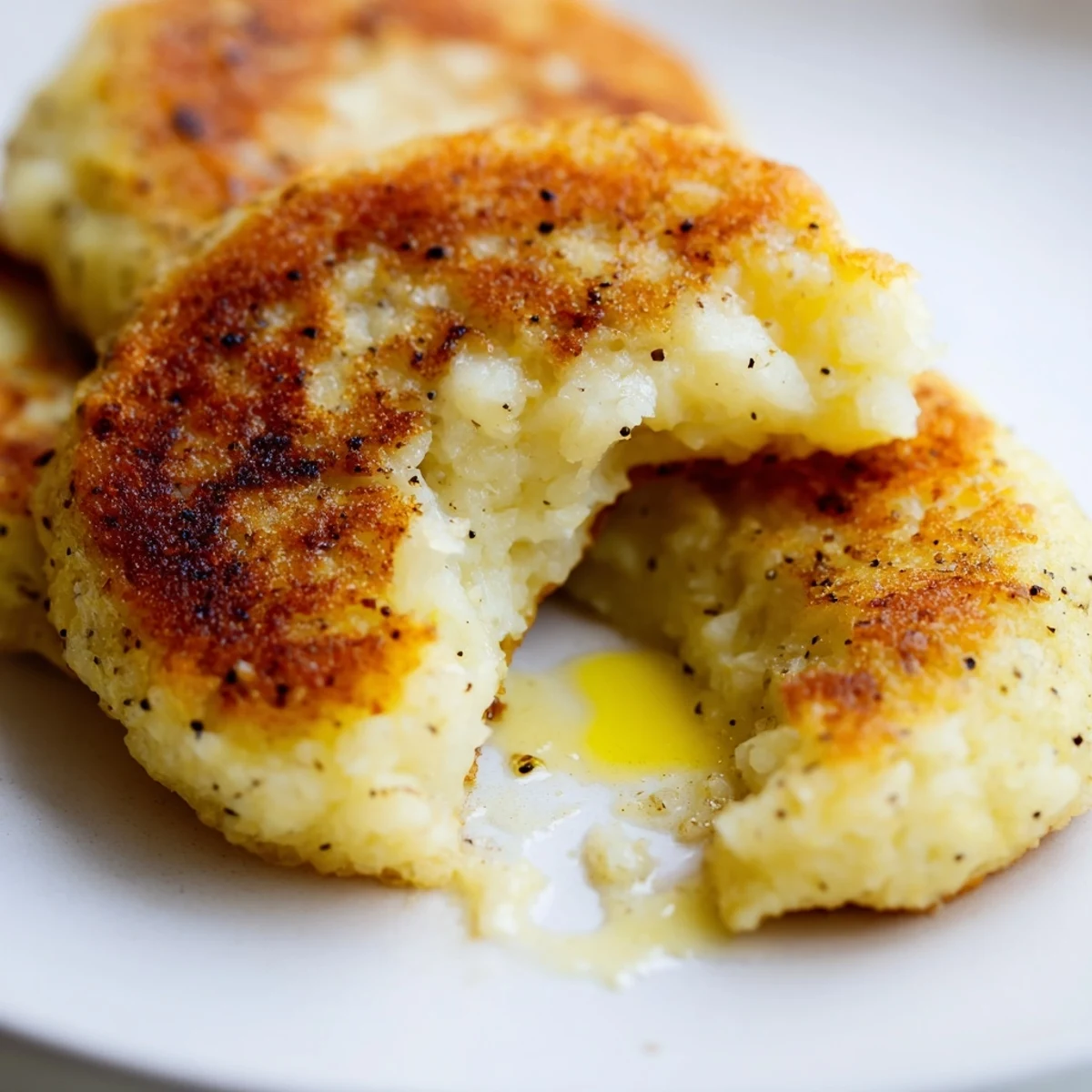 Golden brown Irish potato cakes sizzling in a cast iron skillet with melted butter