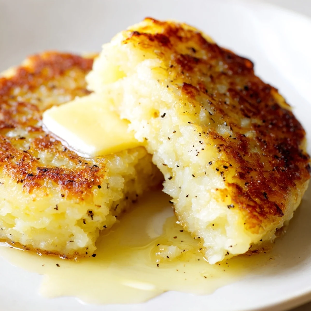 Crispy pan-fried Irish potato cakes with a soft fluffy center alongside butter and herbs